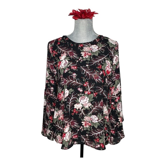LOFT Ann Taylor- Black & red floral loose fit blouse 3/4 sleeve top size M - Picture 1 of 9